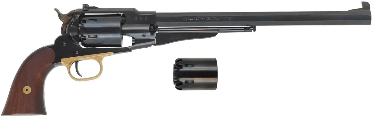 1858 Remington Bison Revolver,
.44 caliber, 12" barrel,
percussion, blued steel frame, 
target sights, extra cylinder, used, by Pietta.