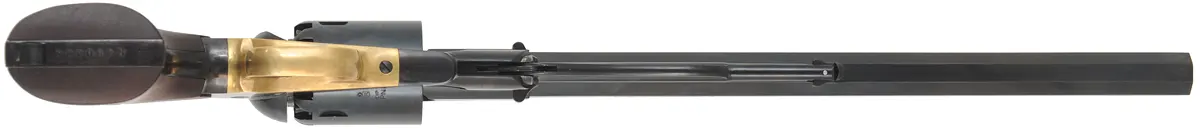 1858 Remington Bison Revolver,
.44 caliber, 12" barrel,
percussion, blued steel frame, 
target sights, extra cylinder, used, by Pietta.