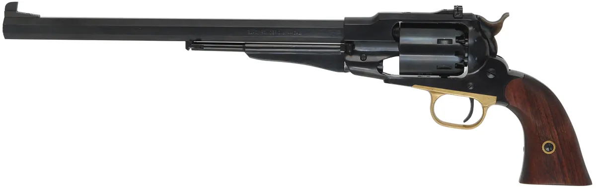 1858 Remington Bison Revolver,
.44 caliber, 12" barrel,
percussion, blued steel frame, 
target sights, extra cylinder, used, by Pietta.