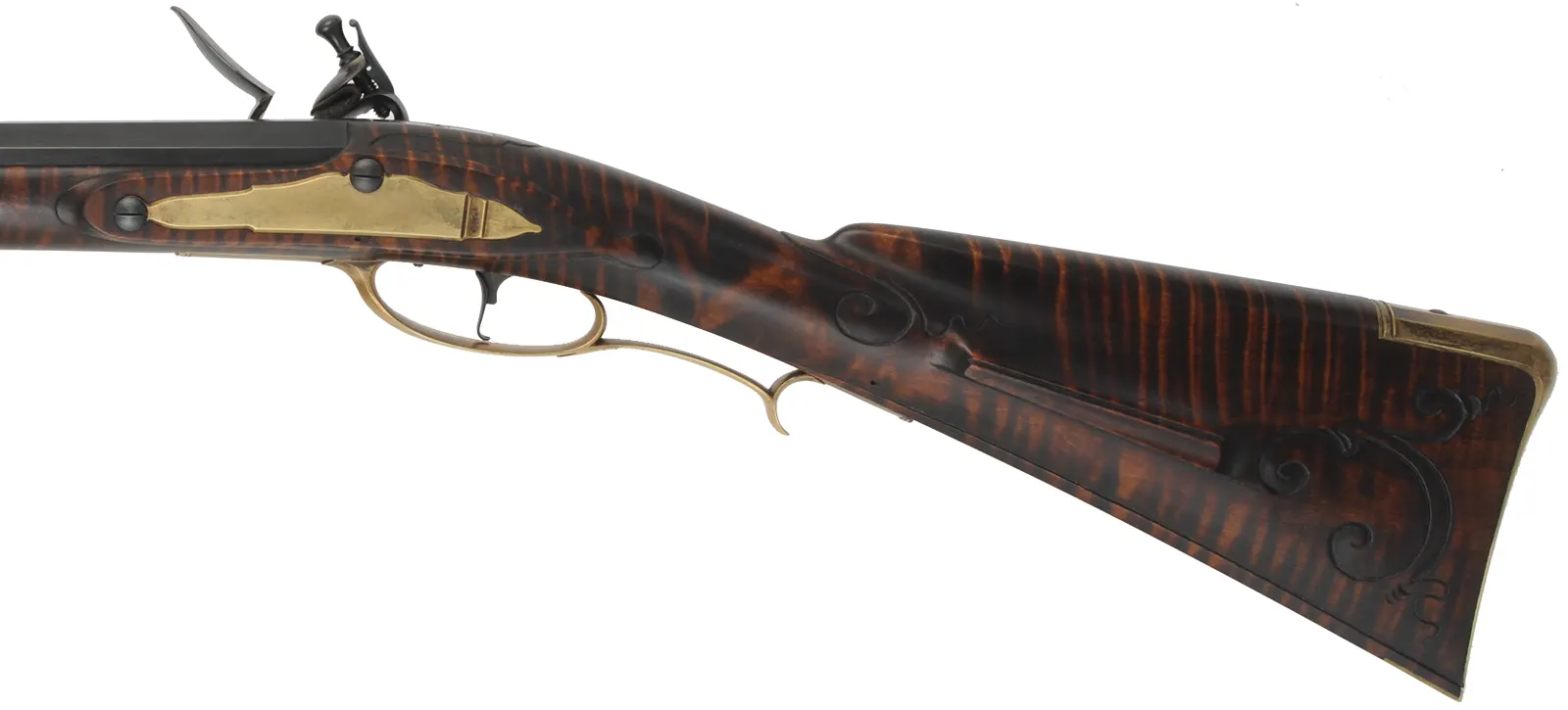 Colonial Longrifle,
.58 caliber, 43-1/2" swamped barrel, 
round faced flintlock, curly maple, unfired