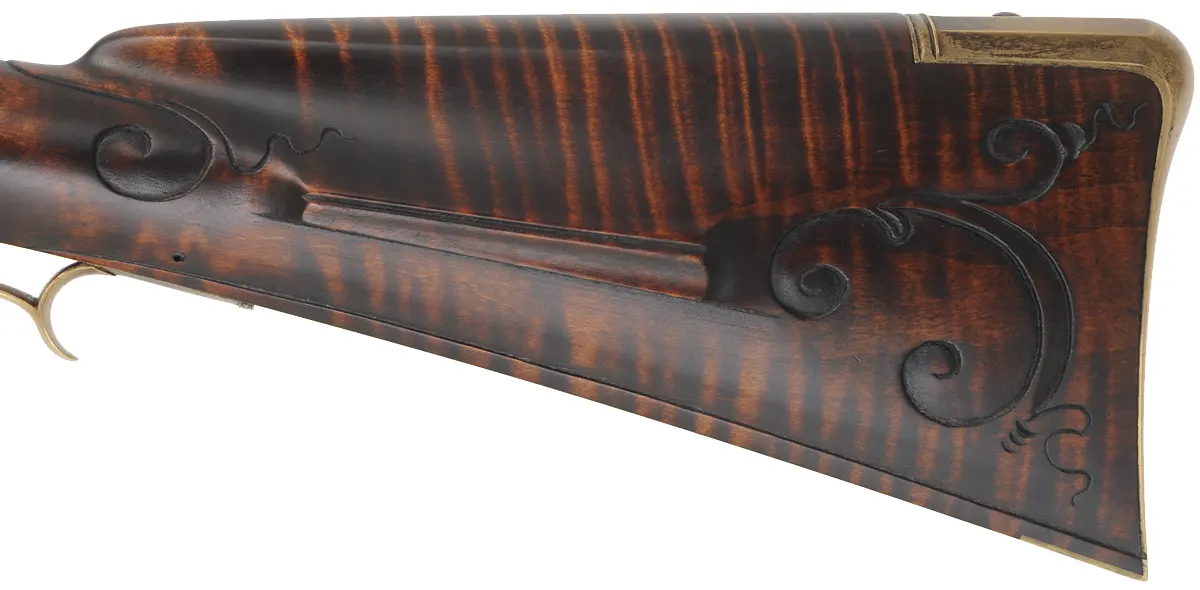 Colonial Longrifle,
.58 caliber, 43-1/2" swamped barrel, 
round faced flintlock, curly maple, unfired