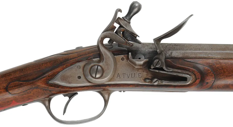 Tulle fusil-de-chasse,
.58 caliber rifled, 44" Colerain octagon-to-round barrel, 
flintlock, cherry, patina finished iron trim, painted designs, used