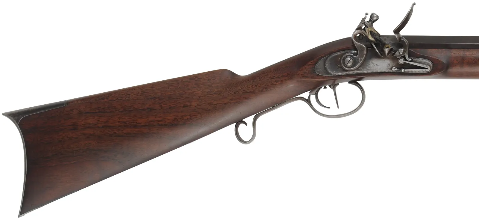 Hawken Fullstock Rifle,
.54 caliber, 37" J.P. McLemore barrel,
Roller flintlock, walnut, iron trim,
used, by J. Kirklin