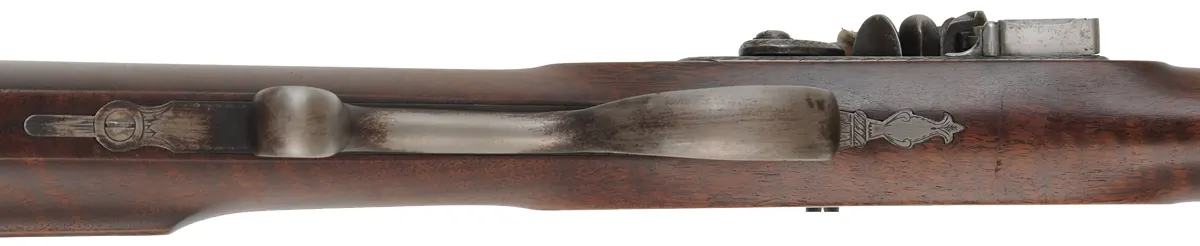 Hawken Fullstock Rifle,
.54 caliber, 37" J.P. McLemore barrel,
Roller flintlock, walnut, iron trim,
used, by J. Kirklin