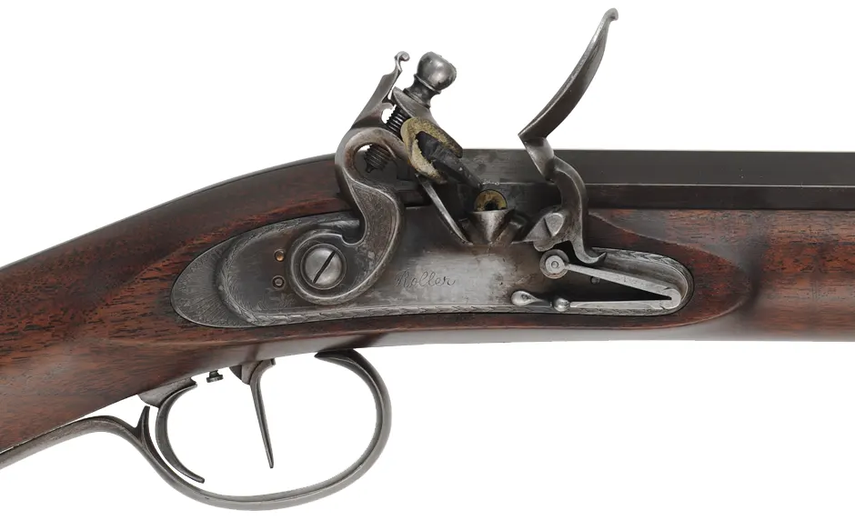 Hawken Fullstock Rifle,
.54 caliber, 37" J.P. McLemore barrel,
Roller flintlock, walnut, iron trim,
used, by J. Kirklin