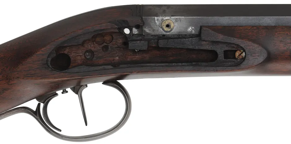 Hawken Fullstock Rifle,
.54 caliber, 37" J.P. McLemore barrel,
Roller flintlock, walnut, iron trim,
used, by J. Kirklin