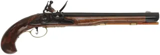 Holster Pistol,
.50 caliber, 12" Ed Rayl swamped barrel,
small Queen Anne flint lock, walnut, brass trim, 
used, by D. Brawner