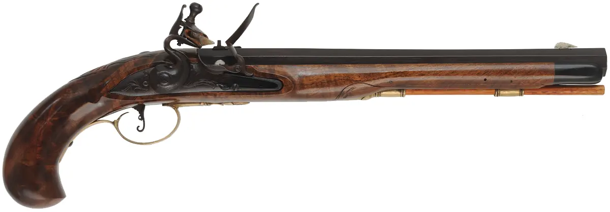 Holster Pistol,
.50 caliber, 12" Ed Rayl swamped barrel,
small Queen Anne flint lock, walnut, brass trim, 
used, by D. Brawner