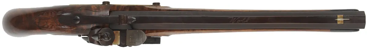 Holster Pistol,
.50 caliber, 12" Ed Rayl swamped barrel,
small Queen Anne flint lock, walnut, brass trim, 
used, by D. Brawner