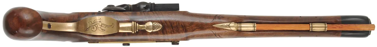 Holster Pistol,
.50 caliber, 12" Ed Rayl swamped barrel,
small Queen Anne flint lock, walnut, brass trim, 
used, by D. Brawner