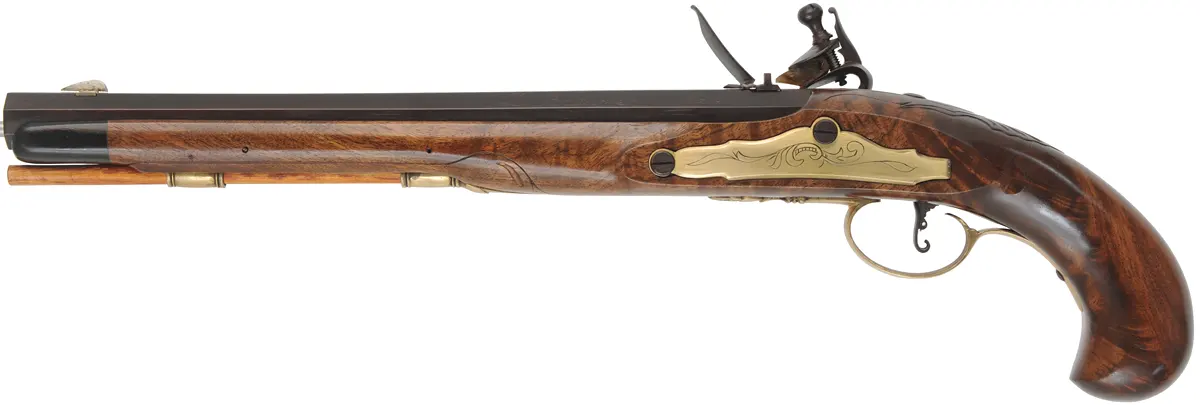 Holster Pistol,
.50 caliber, 12" Ed Rayl swamped barrel,
small Queen Anne flint lock, walnut, brass trim, 
used, by D. Brawner