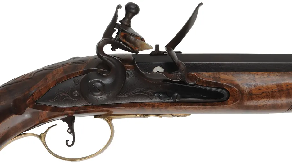 Holster Pistol,
.50 caliber, 12" Ed Rayl swamped barrel,
small Queen Anne flint lock, walnut, brass trim, 
used, by D. Brawner