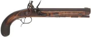 J & S Hawken Pistol,
.54 caliber, 9-3/4" barrel,
Ketland flint lock, curly maple, iron trim,
used, by John F. Bergmann