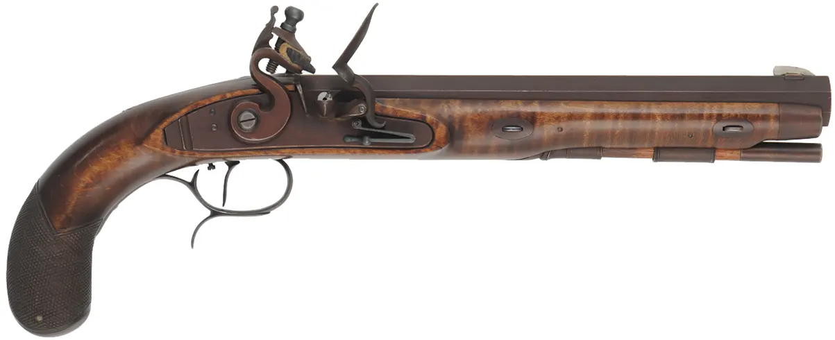 J & S Hawken Pistol,
.54 caliber, 9-3/4" barrel,
Ketland flint lock, curly maple, iron trim,
used, by John F. Bergmann