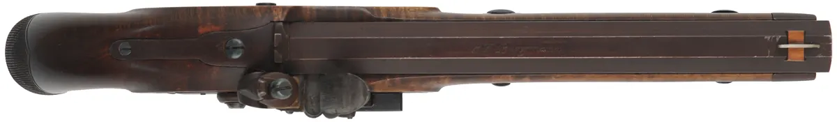 J & S Hawken Pistol,
.54 caliber, 9-3/4" barrel,
Ketland flint lock, curly maple, iron trim,
used, by John F. Bergmann