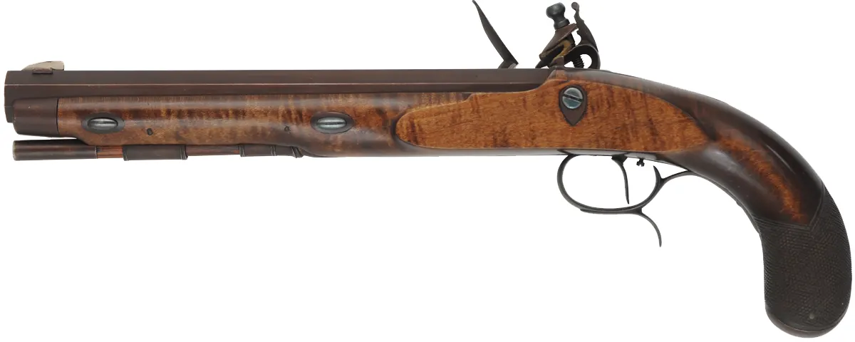 J & S Hawken Pistol,
.54 caliber, 9-3/4" barrel,
Ketland flint lock, curly maple, iron trim,
used, by John F. Bergmann