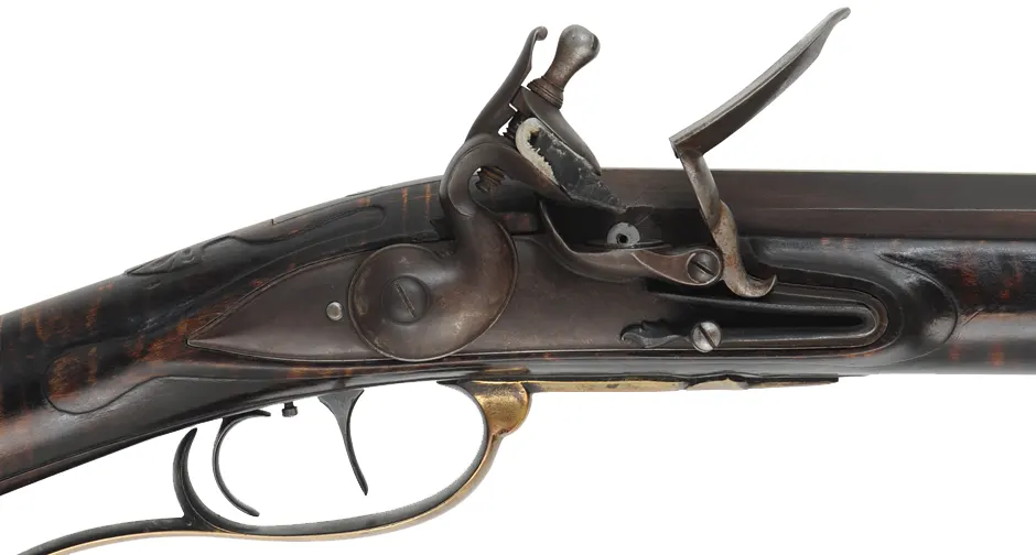 James River, Virginia Longrifle,
.54 caliber, 42" swamped octagon barrel,
Chamber's flint lock, maple, brass furniture, used