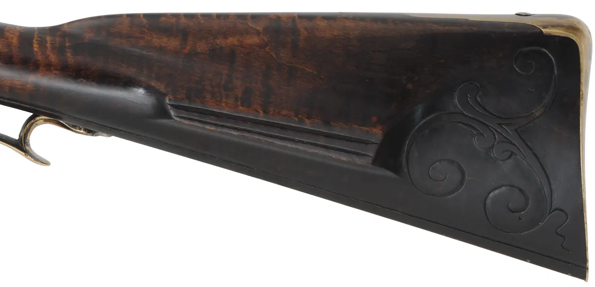 James River, Virginia Longrifle,
.54 caliber, 42" swamped octagon barrel,
Chamber's flint lock, maple, brass furniture, used