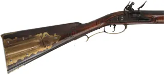 Fine Isaac Haines Longrifle, 
.50 caliber, 44" swamped octagon barrel,
Chambers flint lock, brass trim, curly maple, 
used, by J. Klein