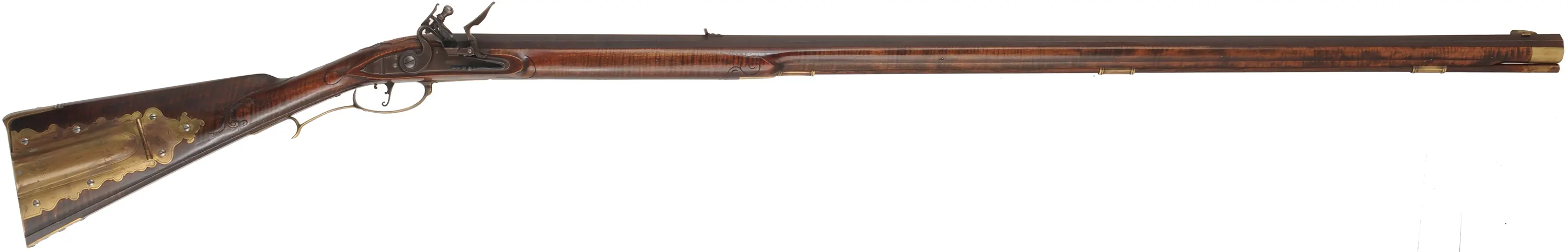 Fine Isaac Haines Longrifle, 
.50 caliber, 44" swamped octagon barrel,
Chambers flint lock, brass trim, curly maple, 
used, by J. Klein