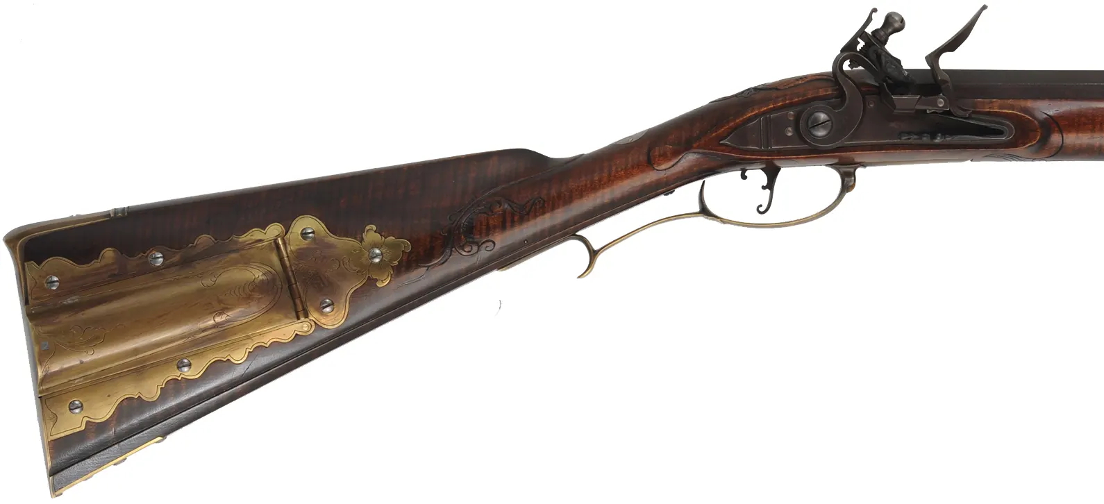Fine Isaac Haines Longrifle, 
.50 caliber, 44" swamped octagon barrel,
Chambers flint lock, brass trim, curly maple, 
used, by J. Klein