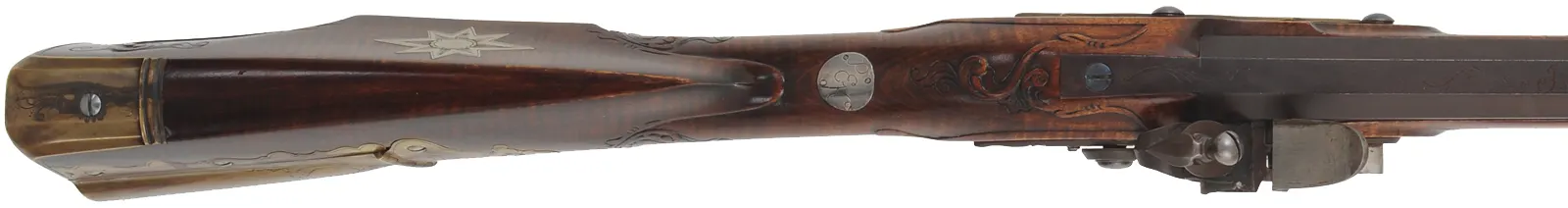 Fine Isaac Haines Longrifle, 
.50 caliber, 44" swamped octagon barrel,
Chambers flint lock, brass trim, curly maple, 
used, by J. Klein
