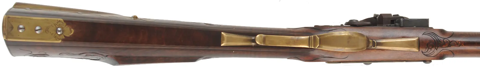 Fine Isaac Haines Longrifle, 
.50 caliber, 44" swamped octagon barrel,
Chambers flint lock, brass trim, curly maple, 
used, by J. Klein