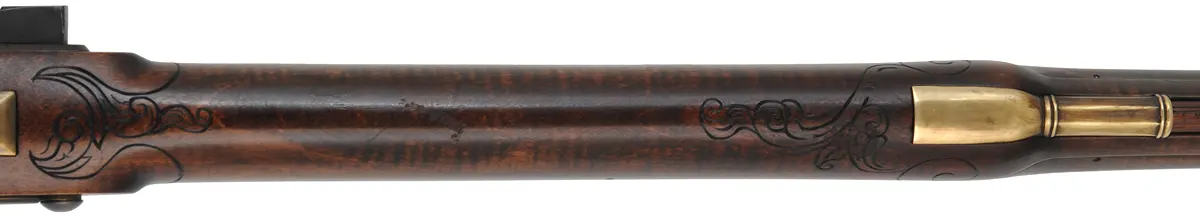 Fine Isaac Haines Longrifle, 
.50 caliber, 44" swamped octagon barrel,
Chambers flint lock, brass trim, curly maple, 
used, by J. Klein