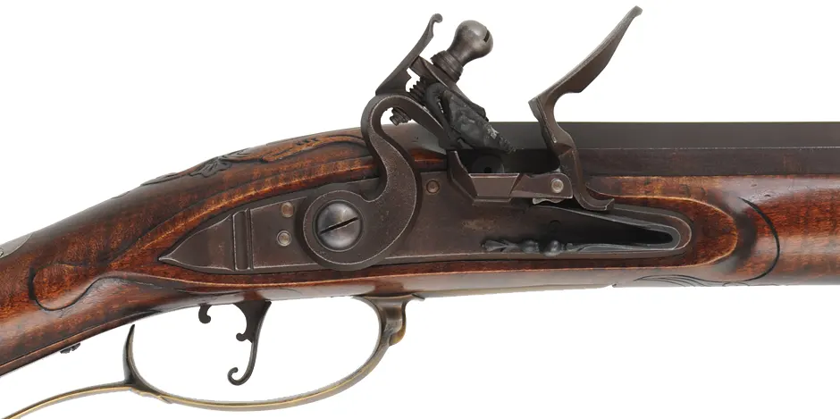 Fine Isaac Haines Longrifle, 
.50 caliber, 44" swamped octagon barrel,
Chambers flint lock, brass trim, curly maple, 
used, by J. Klein