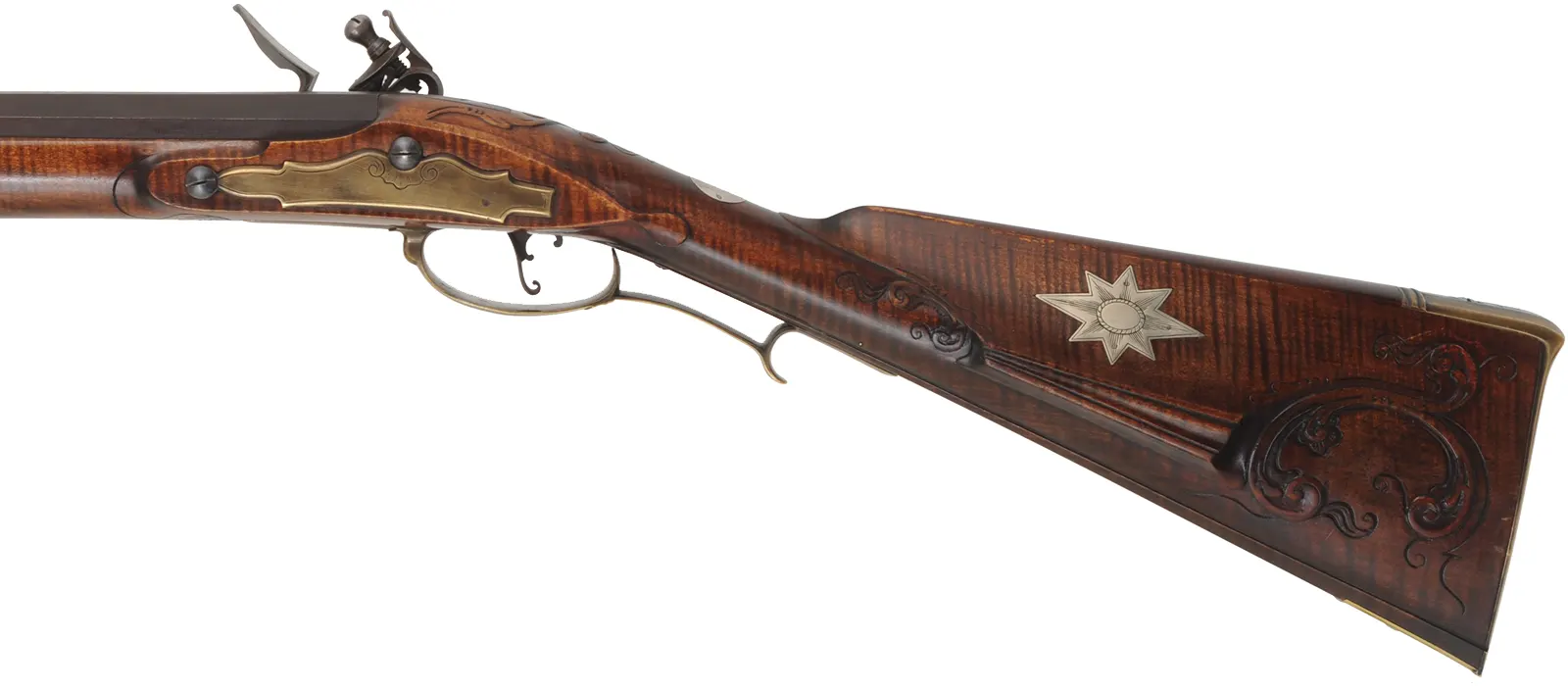 Fine Isaac Haines Longrifle, 
.50 caliber, 44" swamped octagon barrel,
Chambers flint lock, brass trim, curly maple, 
used, by J. Klein