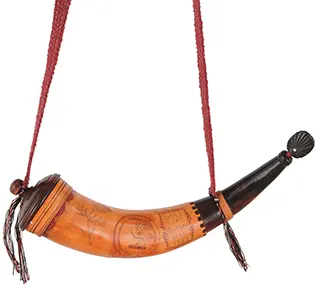 Scrimshaw Powder Horn,
13", scrimshaw swan, Scottish thistle,
Battle of Quebec 1759, woven strap