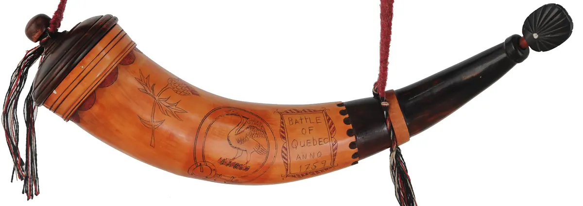 Scrimshaw Powder Horn,
13", scrimshaw swan, Scottish thistle,
Battle of Quebec 1759, woven strap