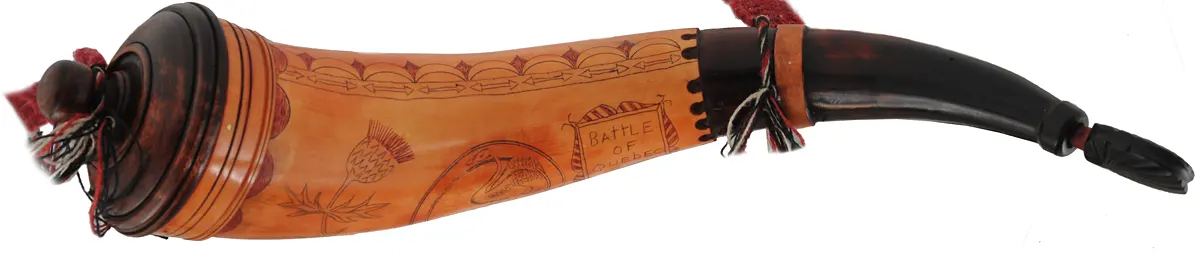 Scrimshaw Powder Horn,
13", scrimshaw swan, Scottish thistle,
Battle of Quebec 1759, woven strap