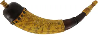 Powder Horn,
15-1/4", neatly hand made, with MicMac style scrimshaw,
by Mark Harmen
