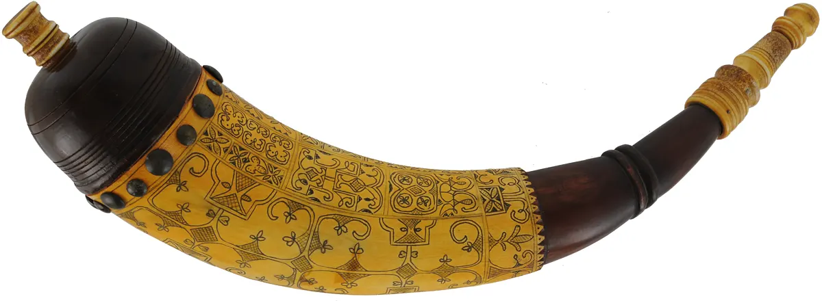 Powder Horn,
15-1/4", neatly hand made, with MicMac style scrimshaw,
by Mark Harmen
