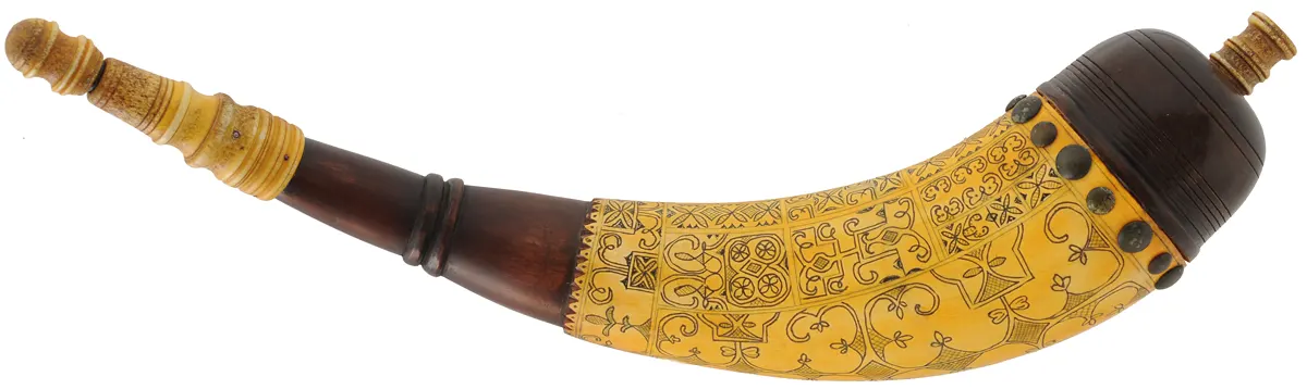 Powder Horn,
15-1/4", neatly hand made, with MicMac style scrimshaw,
by Mark Harmen
