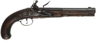Kentucky Pistol,
.54 caliber smoothbore, 8-3/4" octagon-to-round barrel,
Siler flintlock, maple, brass, used
