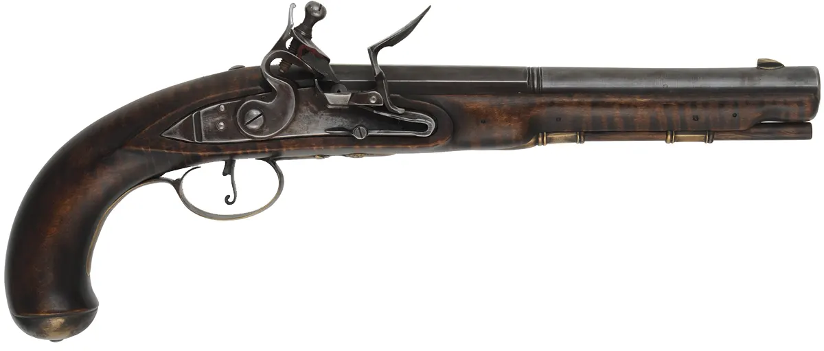 Kentucky Pistol,
.54 caliber smoothbore, 8-3/4" octagon-to-round barrel,
Siler flintlock, maple, brass, used