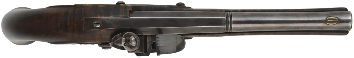 Kentucky Pistol,
.54 caliber smoothbore, 8-3/4" octagon-to-round barrel,
Siler flintlock, maple, brass, used