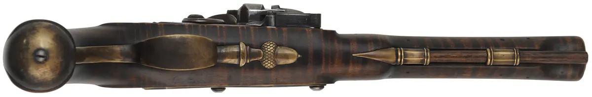 Kentucky Pistol,
.54 caliber smoothbore, 8-3/4" octagon-to-round barrel,
Siler flintlock, maple, brass, used