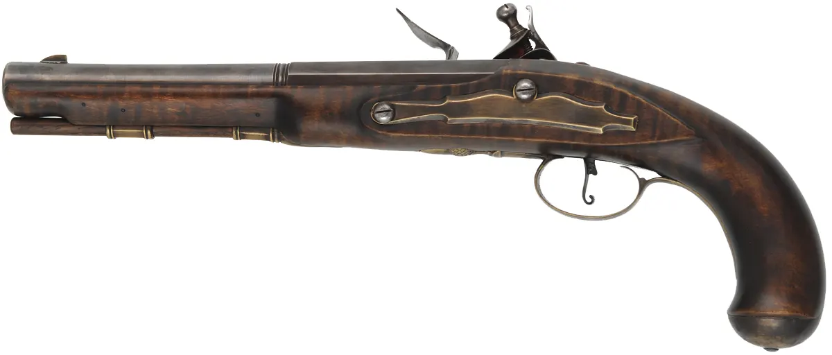 Kentucky Pistol,
.54 caliber smoothbore, 8-3/4" octagon-to-round barrel,
Siler flintlock, maple, brass, used