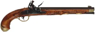 Kentucky Pistol,
.45 caliber, 11" barrel,
L&R flintlock, engraved brass, curly maple, 
used, by RW Dietz