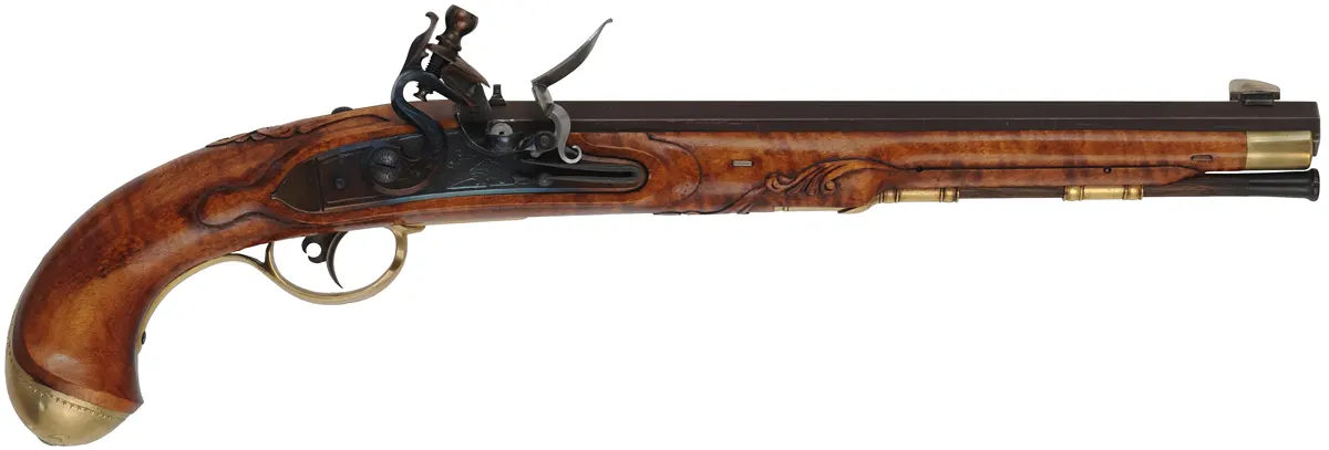 Kentucky Pistol,
.45 caliber, 11" barrel,
L&R flintlock, engraved brass, curly maple, 
used, by RW Dietz
