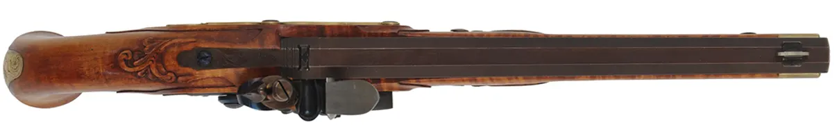 Kentucky Pistol,
.45 caliber, 11" barrel,
L&R flintlock, engraved brass, curly maple, 
used, by RW Dietz