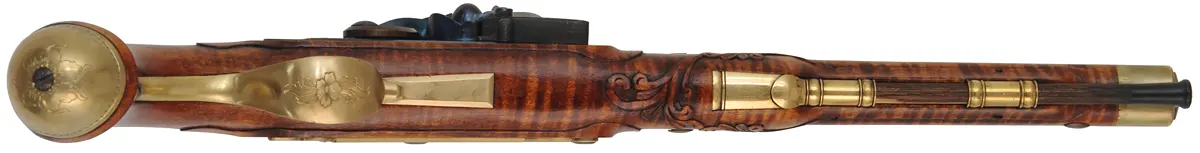 Kentucky Pistol,
.45 caliber, 11" barrel,
L&R flintlock, engraved brass, curly maple, 
used, by RW Dietz