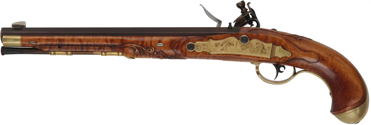 Kentucky Pistol,
.45 caliber, 11" barrel,
L&R flintlock, engraved brass, curly maple, 
used, by RW Dietz