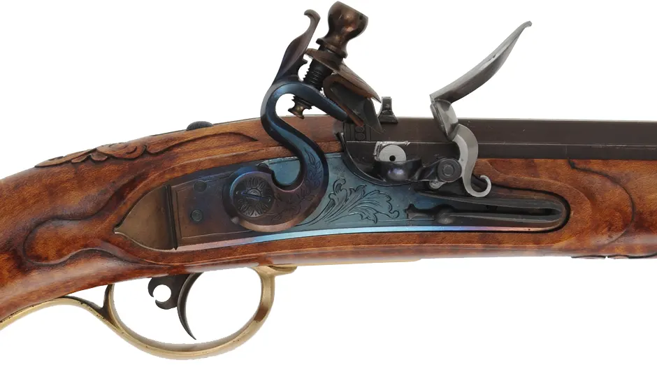 Kentucky Pistol,
.45 caliber, 11" barrel,
L&R flintlock, engraved brass, curly maple, 
used, by RW Dietz