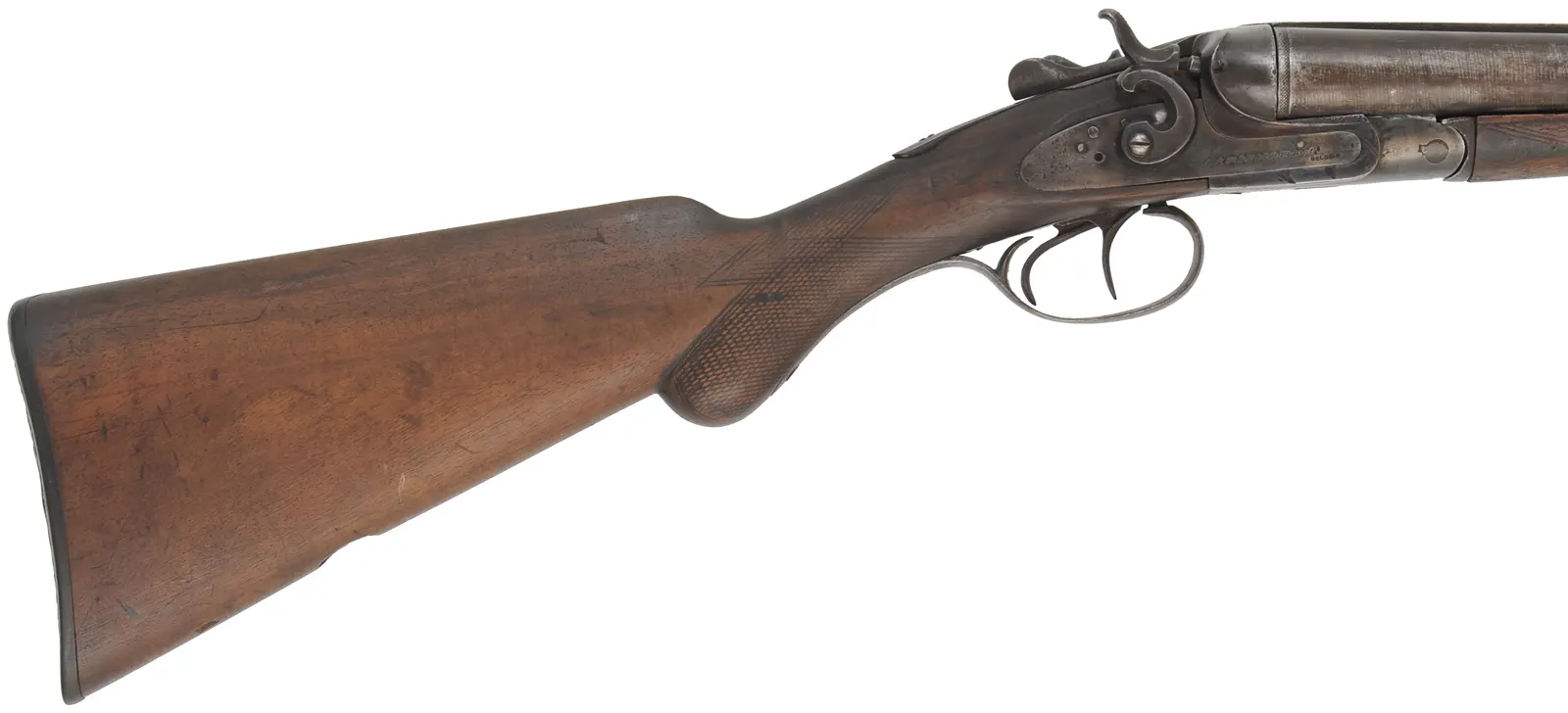 Relic ~ Breech Loading Double Barrel Shotgun,
10 gauge, 30" barrels, 
locks frozen, loose action, walnut
non-functional, decorator use
W. Richards, Belguim