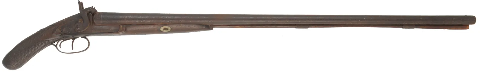 Relic ~ Double Barrel Shotgun,
cut to pistol grip,
13 gauge, 34" barrels, 
percussion, walnut with cracks,
non-functional, decorator use