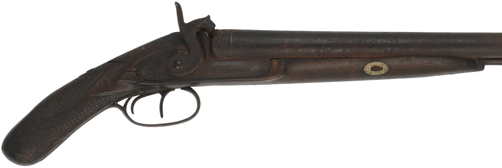Relic ~ Double Barrel Shotgun,
cut to pistol grip,
13 gauge, 34" barrels, 
percussion, walnut with cracks,
non-functional, decorator use